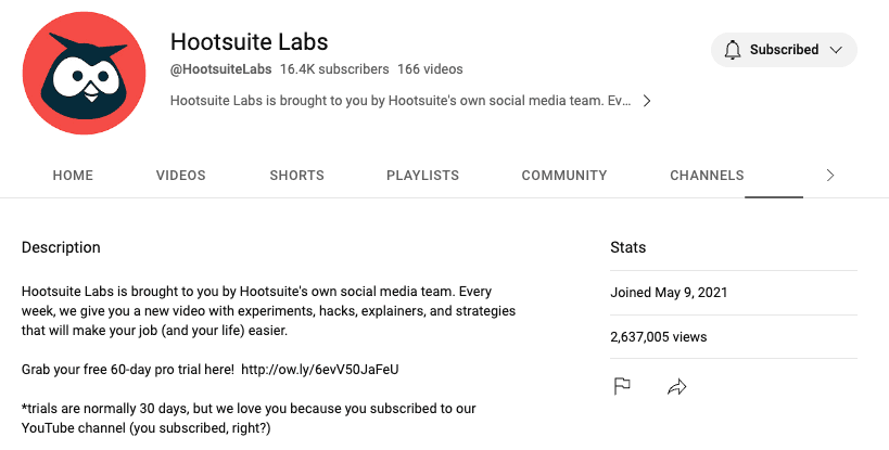 Capture d’écran de la description de la chaîne YouTube de Hootsuite Labs