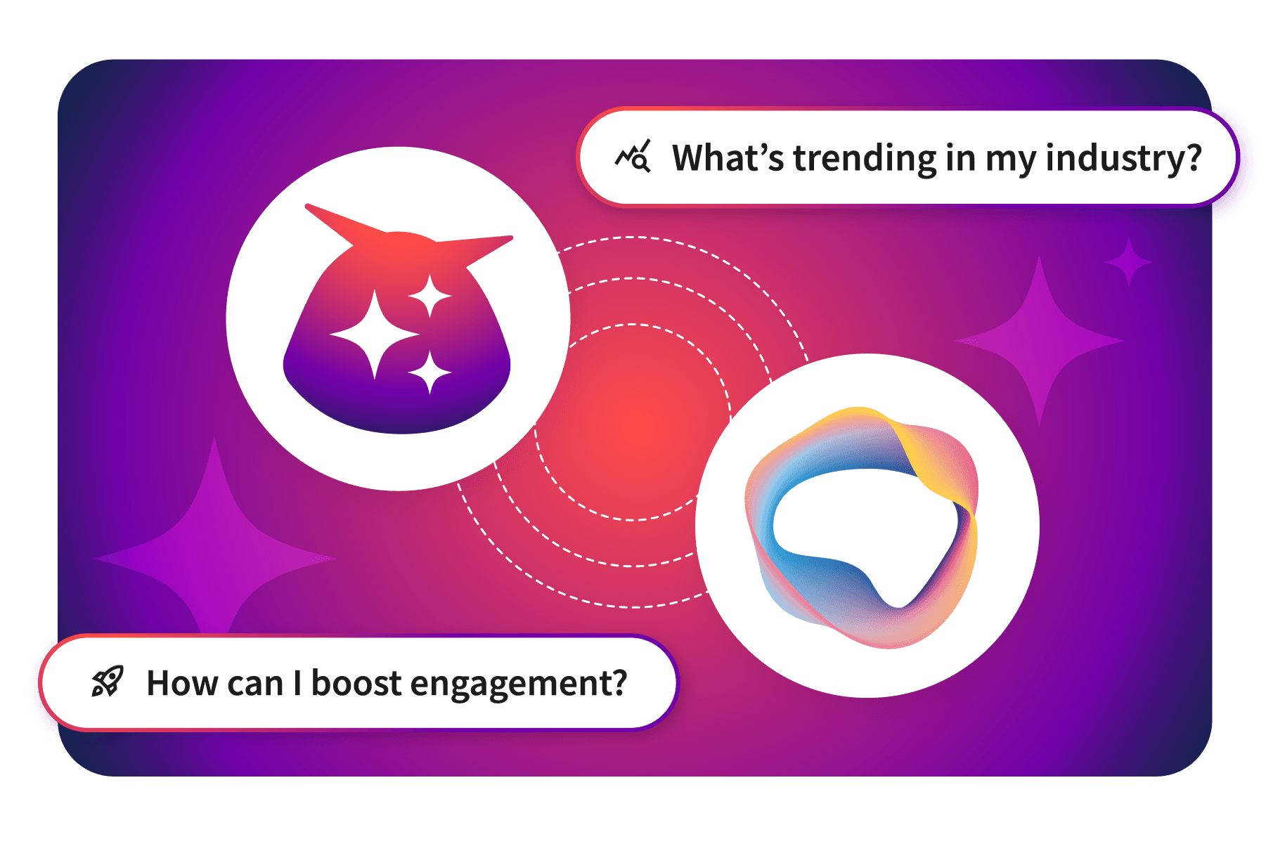 Graphique représentant deux icônes avec des questions sur les tendances du secteur et l’engagement sur fond violet dégradé