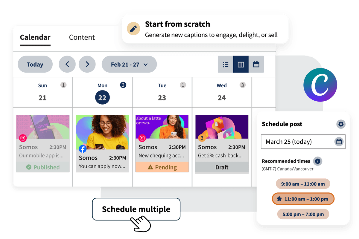 Calendrier de contenu Hootsuite avec un rédacteur IA, le logo Canva et les meilleurs moments pour publier