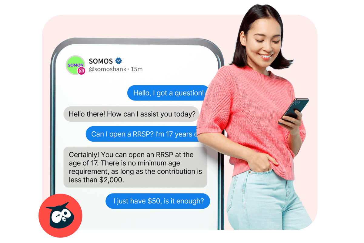 Jeune femme en pull corail souriant au téléphone montrant une conversation de chat sur l’ouverture d’un compte REER avec la Banque Somos