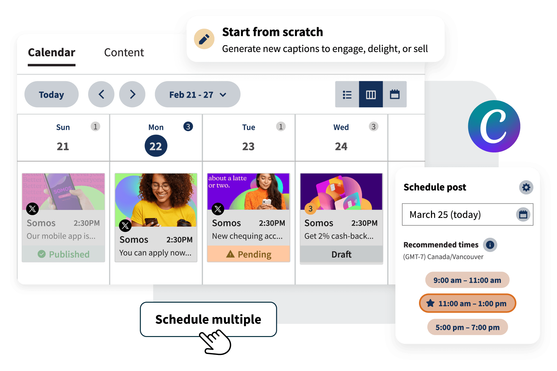 Calendrier de contenu Hootsuite avec programmation des publications et modèles Canva