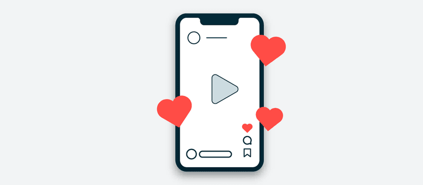 Illustration d'un smartphone affichant une interface de lecteur vidéo entourée d'icônes en forme de cœur rouge