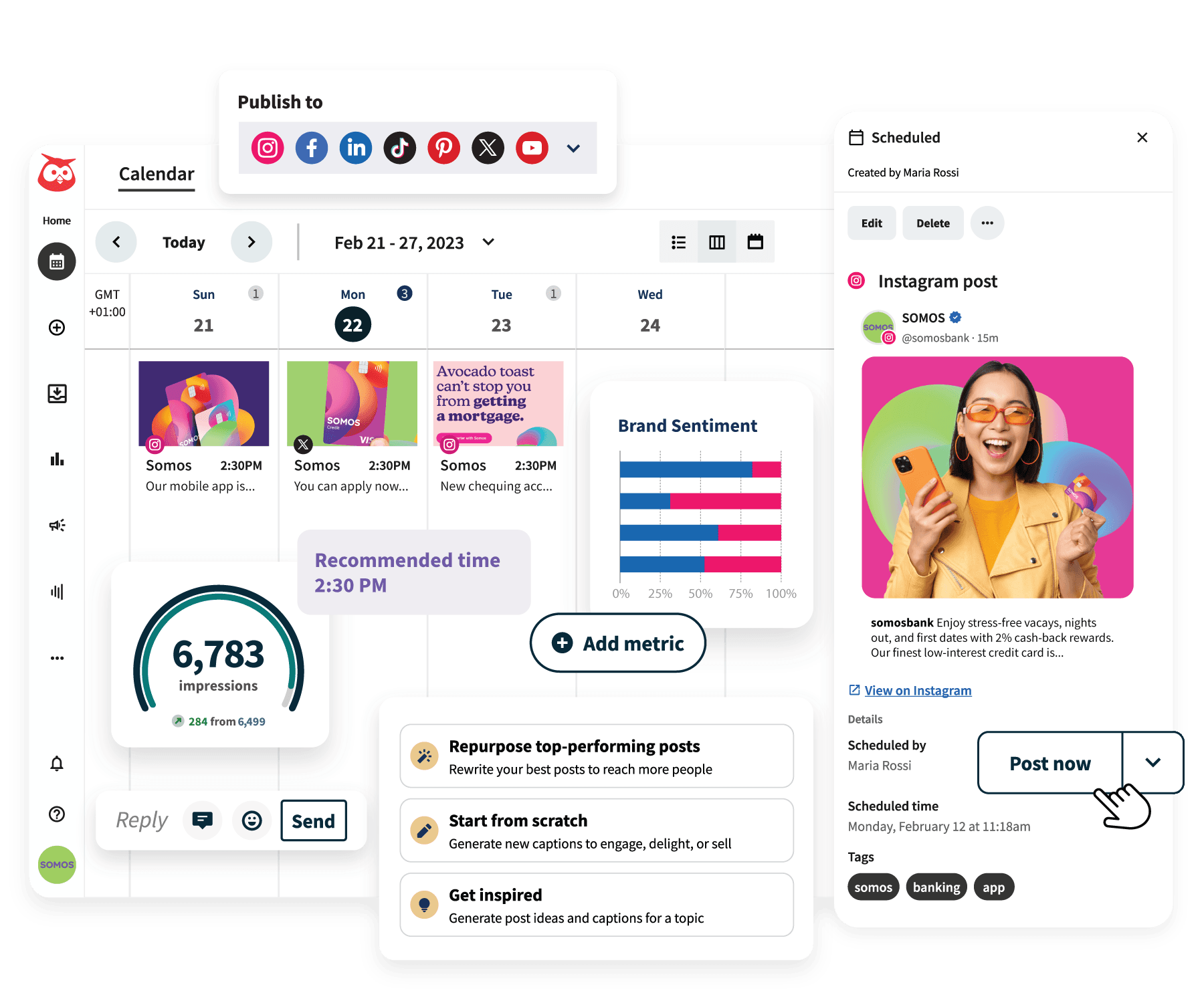 Tableau de bord Hootsuite, avec calendrier, publications programmées et outils d'IA OwlyWriter