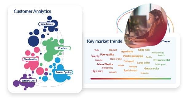 Diagramme à bulles coloré illustrant les données analytiques des clients avec des cercles interconnectés en bleu, vert, rose et violet