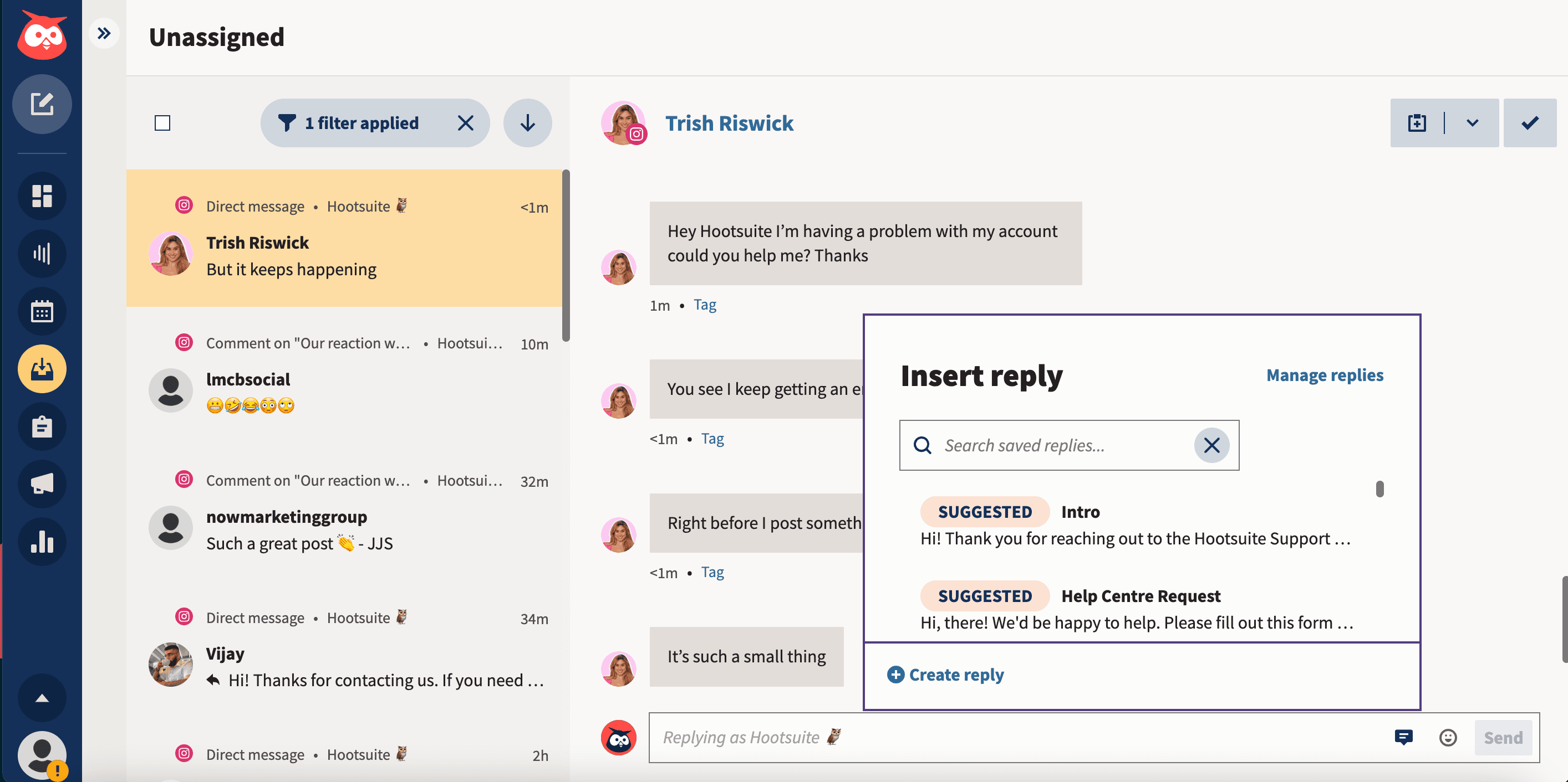 capture d’écran d’une Hootsuite Inbox, en particulier les messages « Non attribué »