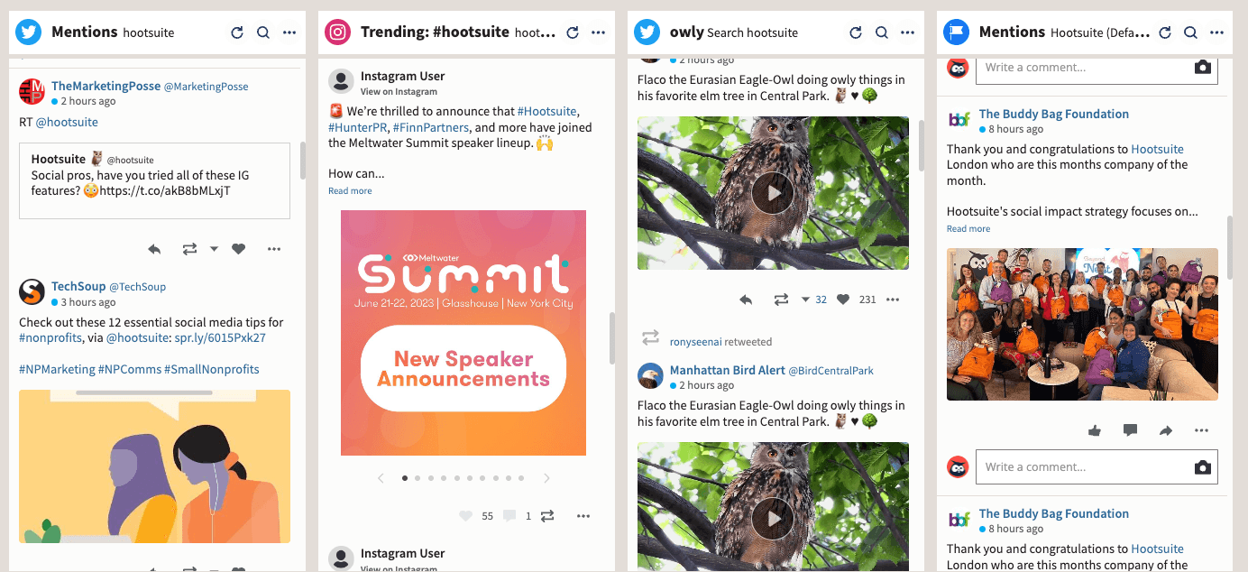 capture d'écran d'un tableau de bord hootsuite présentant toutes les mentions de la marque sur différentes plateformes de médias sociaux